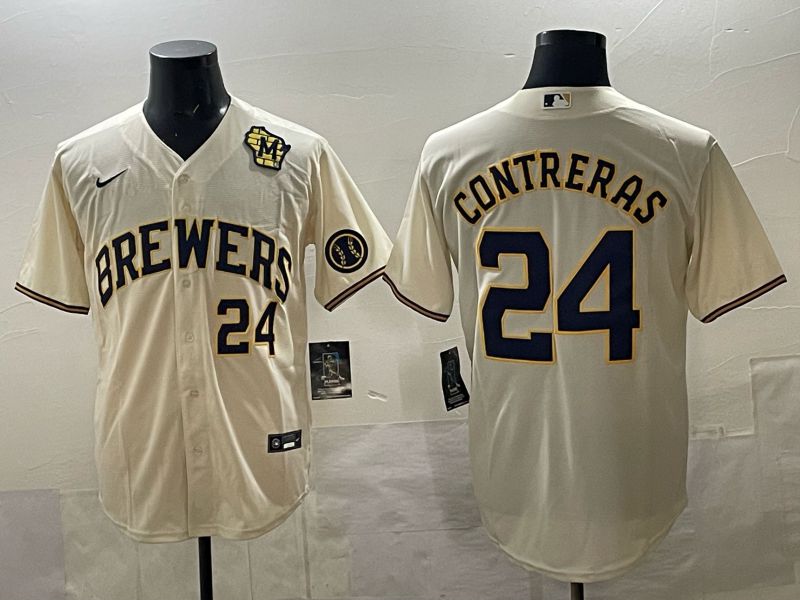 Men Nike Milwaukee Brewers #24 Contreras Cream MLB 2025 jersey 02
